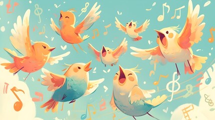 Whimsical and Lively Cartoon Songbirds with Floating Musical Notes