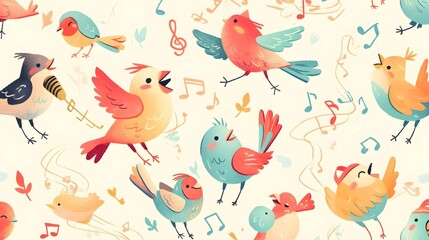 Vibrant Cartoon Songbirds with Floating Musical Notes in Pastel-Colored Whimsical