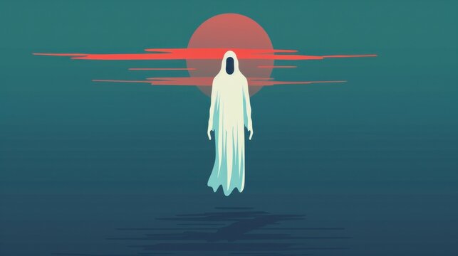 Ethereal Ghost Floating Against a Red Sun