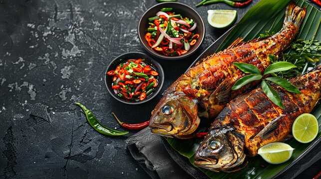 indonesian food, ikan bakar, with copy space