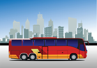 Red and yellow coach bus parked in city with skyscrapers in background