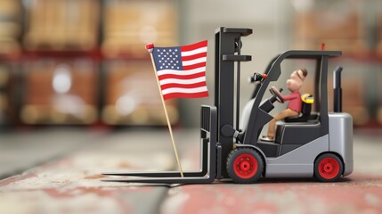 A 3D funny forklift holding an American flag on a blurred industrial warehouse background, celebrating logistics workers on Labor Day.