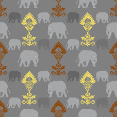 Grey elephant and gold classic damask seamless pattern: vector illustration for elegant textile design, carpet, curtains, and clothing.