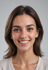 Fototapeta premium Portrait view of a regular happy smiling Spain woman, ultra realistic, candid, social media, avatar image, plain solid background