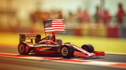 Obraz premium A 3D funny race car holding an American flag on a blurred racetrack background, celebrating athletes on Labor Day.