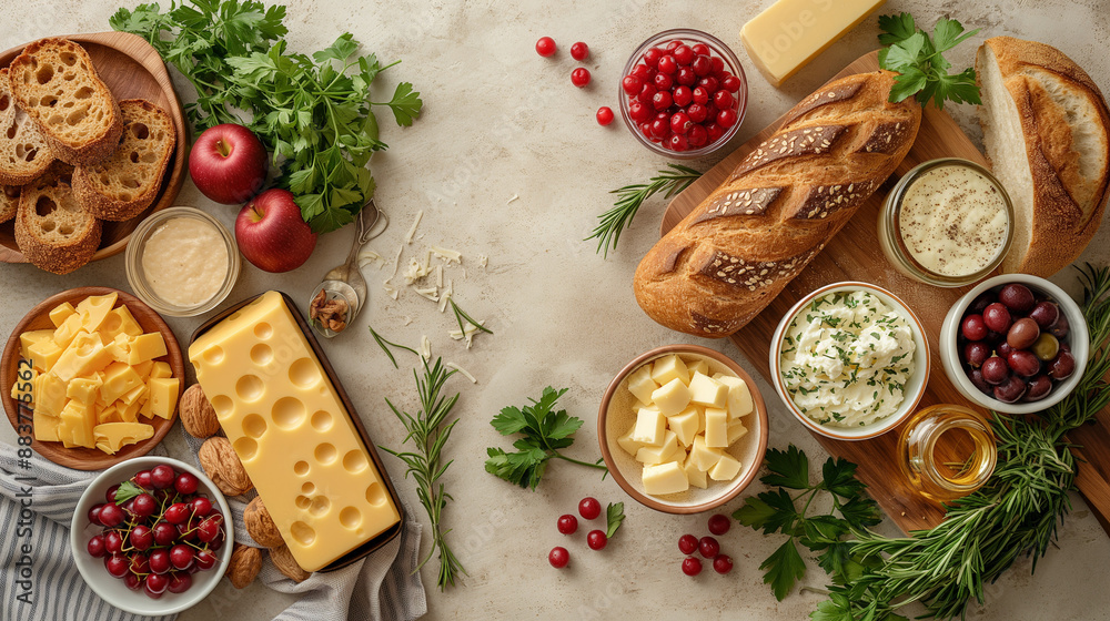 Wall mural Flat beige background seen from above with some cheese bread on the left side of the image with other breakfast accessories.