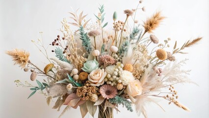 Delicate arrangement of dried flowers and leaves in soft, blended watercolor hues against a pristine white backdrop, evoking serenity.