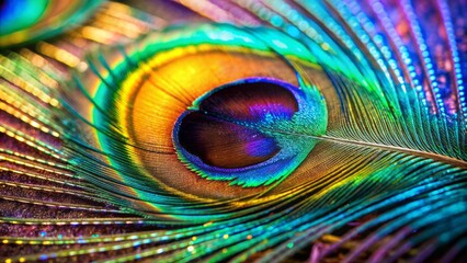 Obraz premium Vibrant iridescent peacock feather showcases mesmerizing intricate patterns and shimmering colorful hues in stunning microscopic close-up detail with sharp clarity.