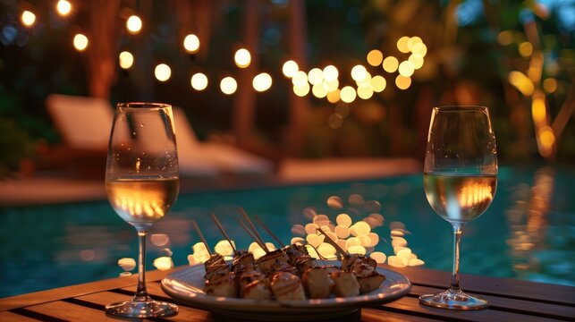 A couple is enjoying a romantic dinner by the poolside