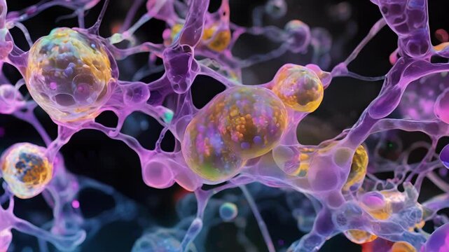 Microscopic view of beta cells in the pancreas connected to other cells through complex cell junctions for coordinated insulin release.