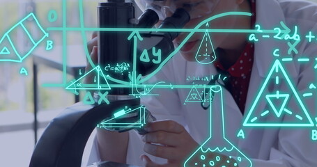 Image of scientific data processing over caucasian female scientist with microscope