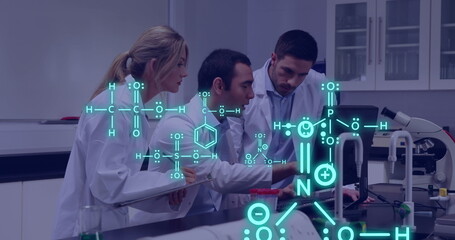 Image of equations and data processing over diverse scientists in laboratory