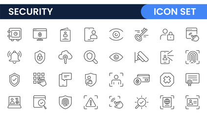 Set of Security web icons in line style. Guard, cyber security, password, smart home, safety, data protection, key, shield, lock, unlock, eye access. Security outline icon set.
