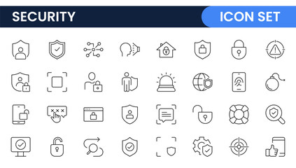 Set of Security web icons in line style. Guard, cyber security, password, smart home, safety, data protection, key, shield, lock, unlock, eye access. Security outline icon set.