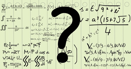 Image of question mark and mathematical equations on white background