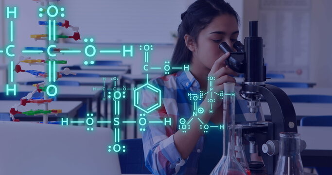 Image of data processing over biracial female student using microscope