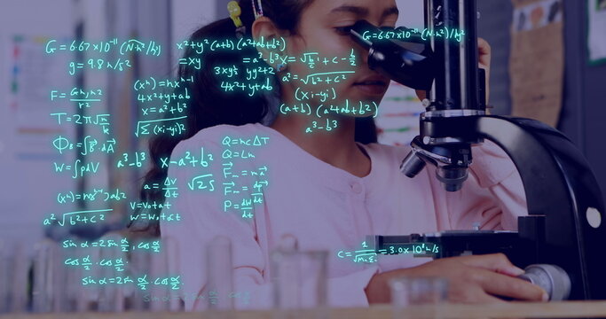 Image of data processing over biracial female student using microscope - Powered by Adobe