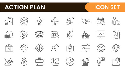 Line icons about action plan. Contains such icons as search strategy, target, scheme, timeline and workflow.Action plan set of web icons in line style. Strategy action planning icons.