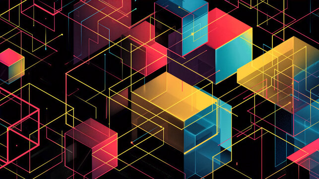 Bright neon lines and cubes in a complex geometric abstract design - Powered by Adobe