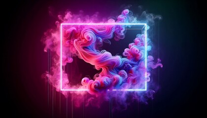 Fototapeta premium neon light square with colored smoke in pink and purple flowing through the square