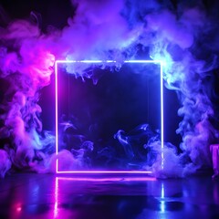 neon light square with colored smoke in pink and purple flowing through the square