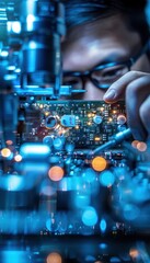 Technician working on electronic hardware, focusing on microchip circuitry, surrounded by advanced technology and ambient lighting.