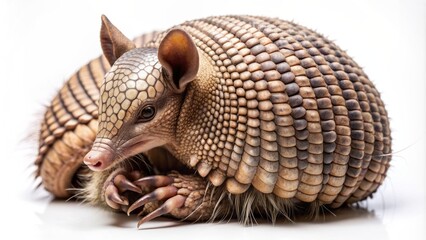 Fototapeta premium Small, fur-covered armadillo with protective shell curls up, claws tucked in, isolated on a clean, plain, white studio background.