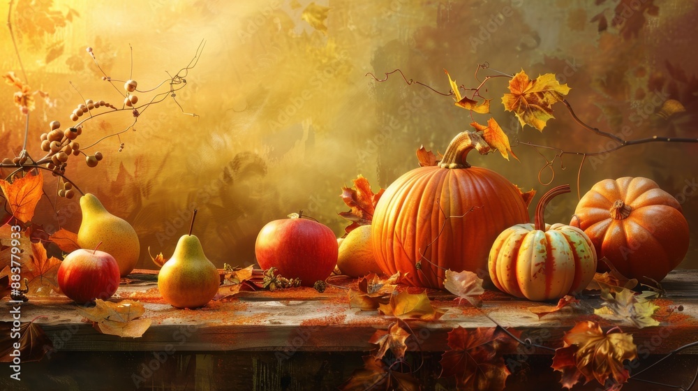 Poster a wooden table with a rustic finish is covered in scattered autumn leaves. a large orange pumpkin si