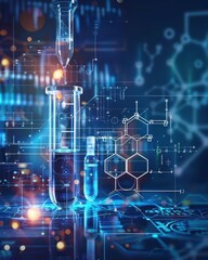 Fototapeta premium Laboratory test tubes and scientific research imagery with glowing blue digital graphics, highlighting chemistry and technology concepts.