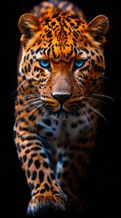 Obraz premium A leopard with blue eyes is walking in the dark.