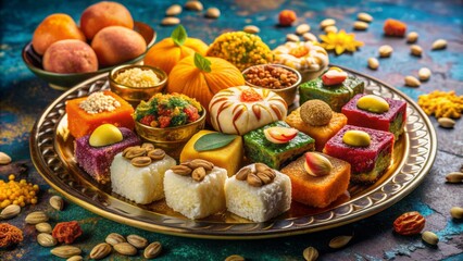 Colorful assorted traditional Indian sweets arranged on a decorative plate, garnished with nuts and dried fruits, against a bright background.