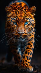 Obraz premium A leopard with blue eyes walking in the dark.