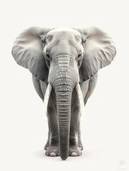 An elephant with tusks standing on a white background.