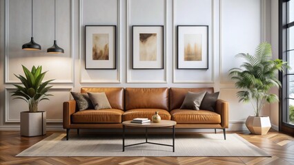 Fototapeta premium Elegant minimalist interior features a rich caramel brown sofa against a soft white wall with sleek black mock-up frames.