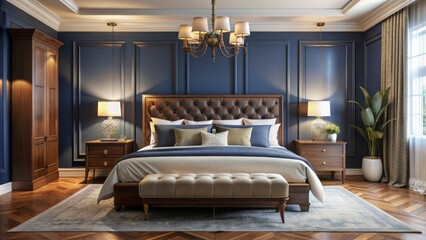 Fototapeta premium Luxurious dark blue accent wall surrounds a plush bed, rich wood furniture, and soft cream accents in a serene retreat.