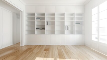 Fototapeta premium Bright, minimalistic room with built-in white shelves, wooden floor, and large windows allowing natural light for a clean, modern aesthetic.