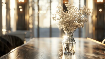 Fototapeta premium Beautiful bouquet of white flowers in a vase on a wooden table, bathed in warm sunlight in a cozy room with large windows, creating a serene ambiance.