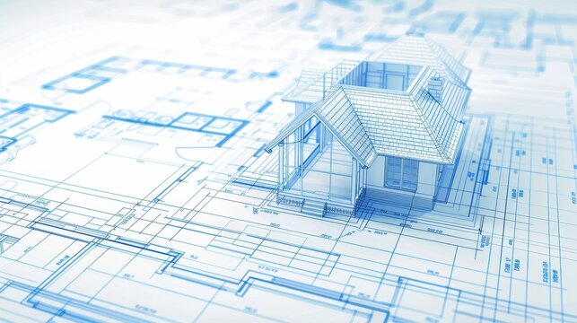 Architectural blueprint and model house showcasing building design, construction plans, and architectural drawing for real estate development.