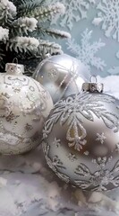 A silver and white christmas ornament with snowflakes.
