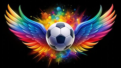 Fototapeta premium Vibrant soccer ball symbol integrated with stylized wings, surrounded by dynamic shapes, evoking empowerment, teamwork, and passion for women's football spirit.