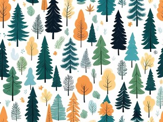 Chic pine trees in multiple styles and patterns,  illustration, white background.