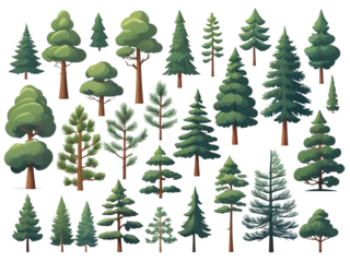 Set of chic pine trees in various styles and patterns, illustration, on a white background.