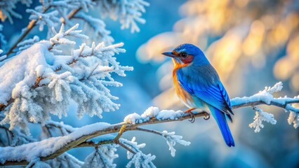 Majestic Eisvogel bird perches on frosty branch of snow-covered tree, its bright blue feathers contrasting with winter's serene, wild landscape.