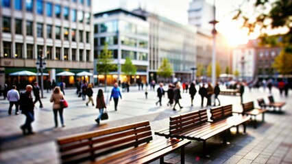 City Plaza Blur: A blurred city plaza with benches and pedestrians, ideal for urban leisure and cityscape themes.
