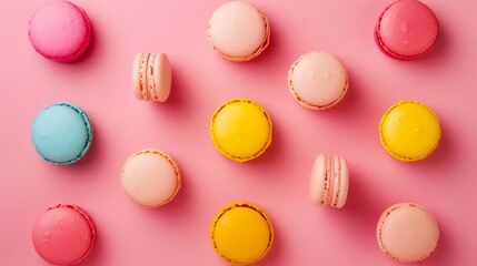 Obraz premium Colorful macarons on a pink background.