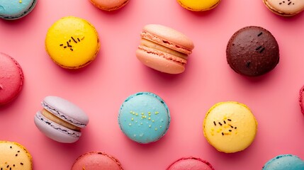 Fototapeta premium Colorful macarons on a pink background.