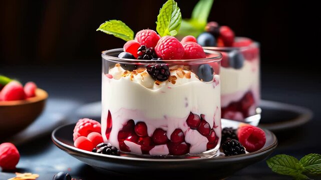 Yogurt parfait with berries and mint
