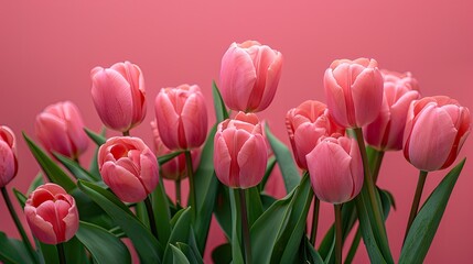 A bouquet of pink tulips on a pink background.