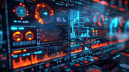 Obraz premium Futuristic user interface dashboard with graphs, charts and data.