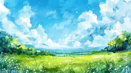 Fototapeta premium A vibrant watercolor painting of a serene meadow under a bright blue sky filled with fluffy white clouds. The lush green grass and trees create a tranquil and picturesque scenery